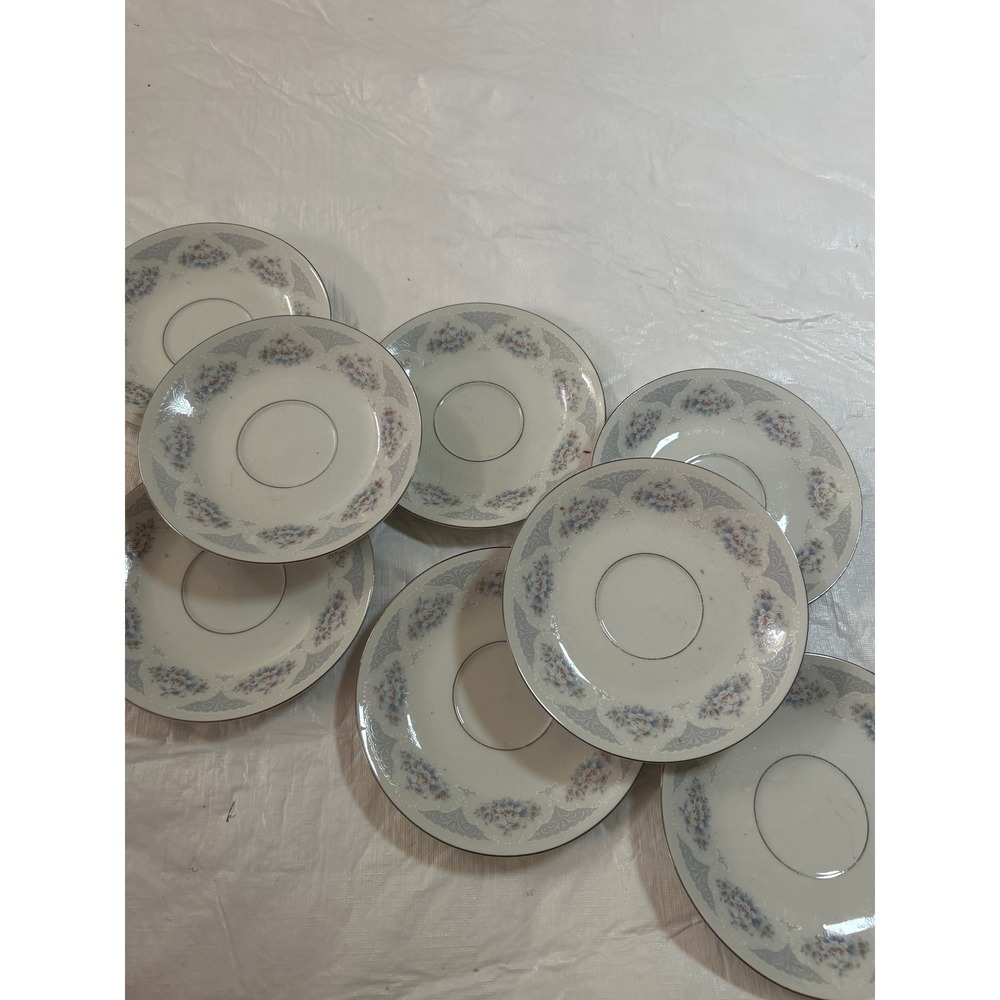 Set of 7 Fine China Saucers Floral Blue Pink Delicate Pattern Silver Rim